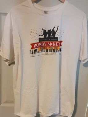 Gildan White T-Shirt with Red & Black Graphic - Bobby McKey's Piano Bar